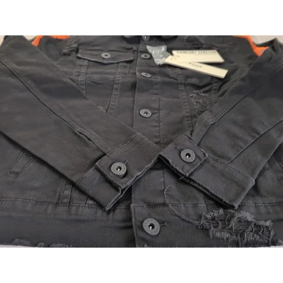 KDNK Men's Black Trucker Jean Jacket Orange Reflective Accents KN05041 Size S - Picture 8 of 13